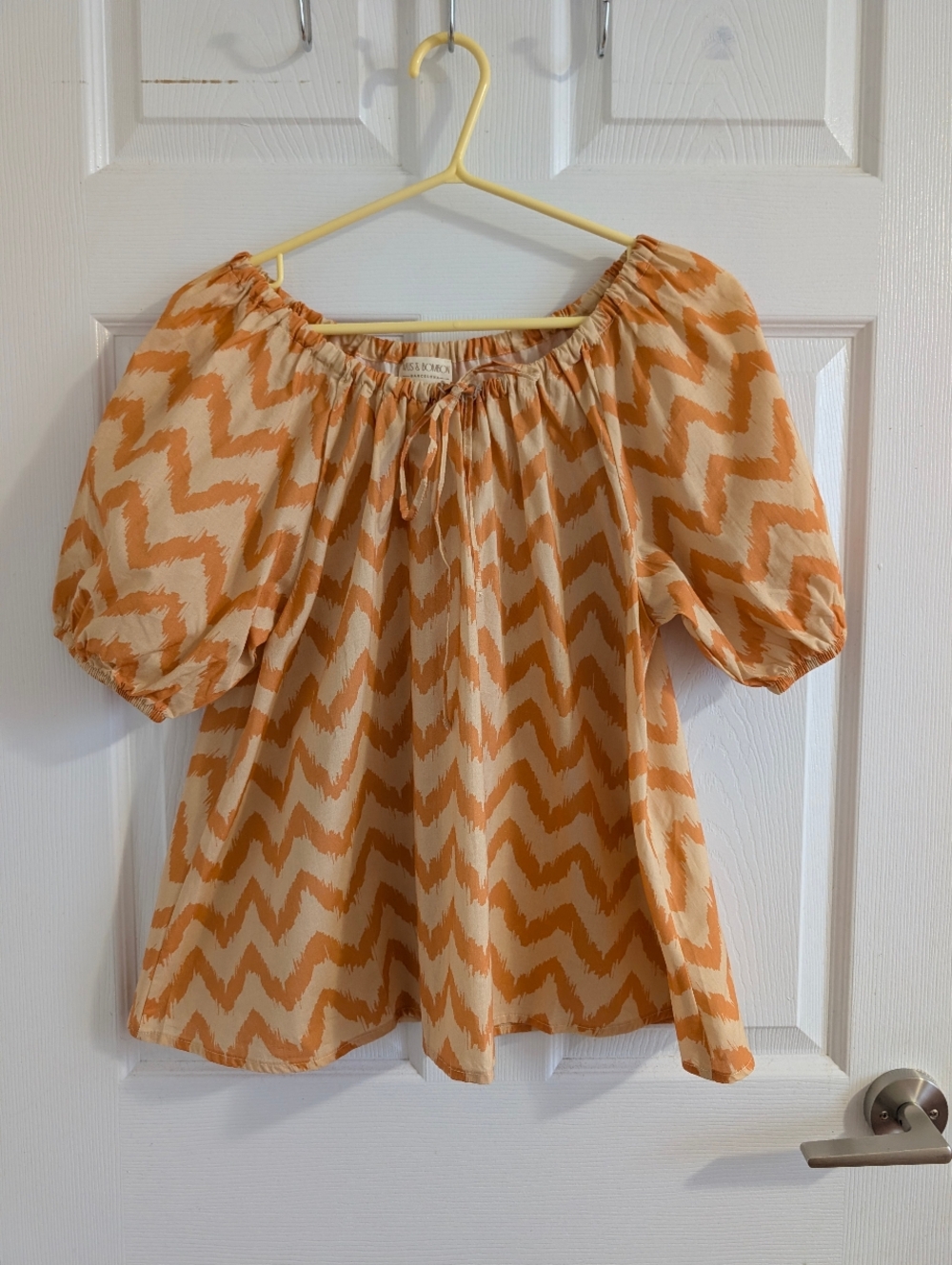 Mus & Bombon Orange Ikat Organic Cotton Peasant Blouse Boho Puff Sleeve Top M